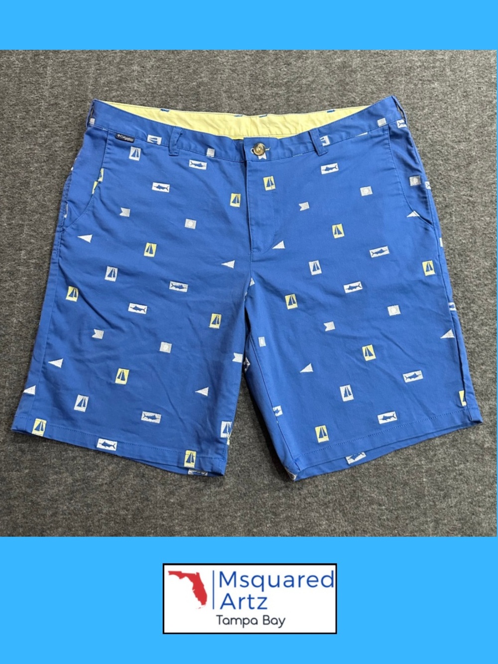 Columbia PFG Men’s Blue Embroidered Nautical Fishing Shorts Size 38W 10L Flags